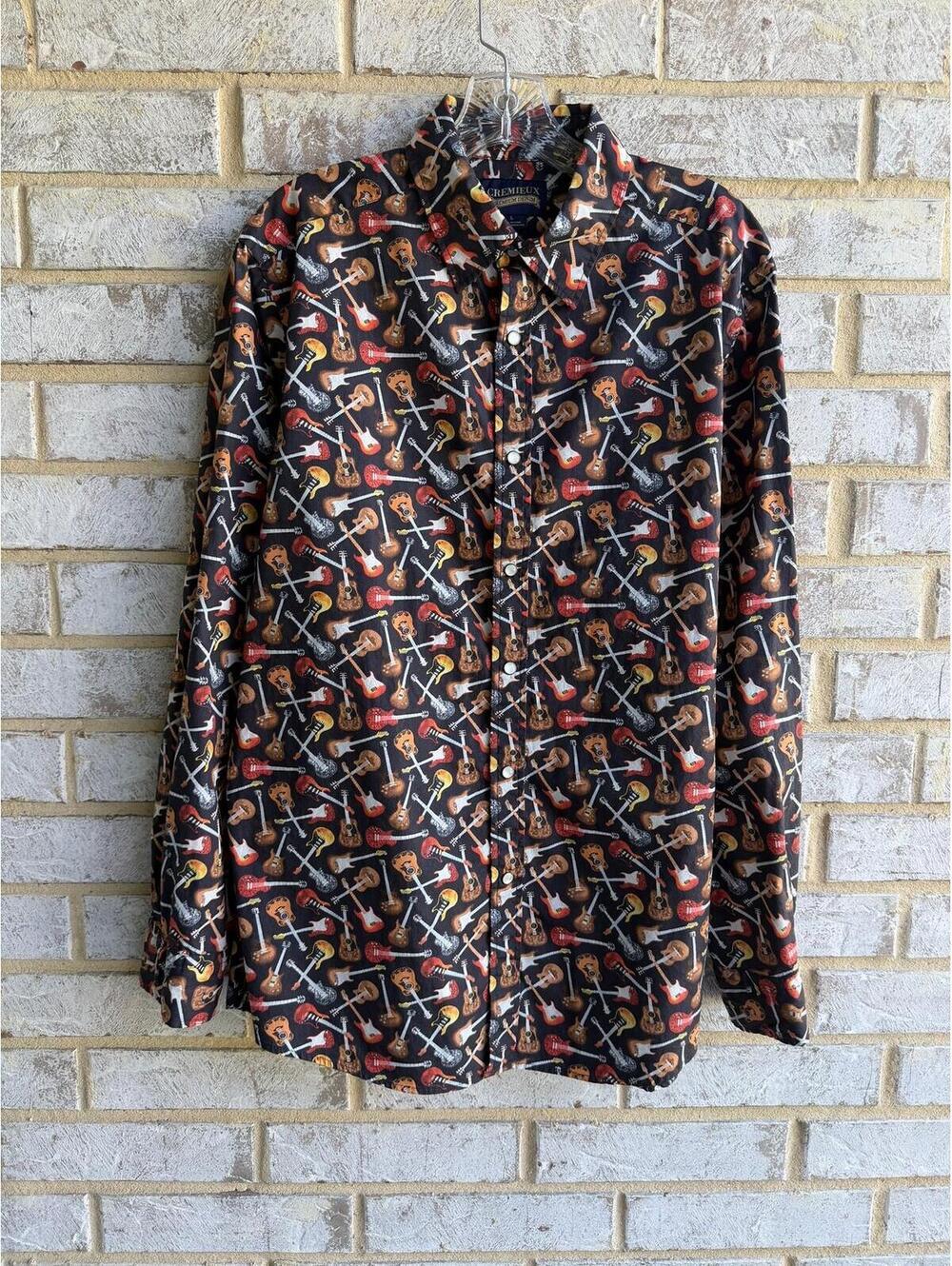 Cremieux Premium Denim Long Sleeve Button Up Guitar Print Shirt Men's Size L